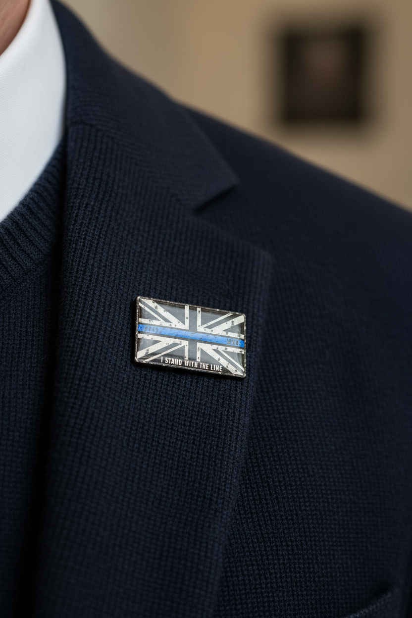 A rectangular distressed patch or print featuring a black Union Jack background with a single horizontal blue stripe and the text 'I STAND WITH THE LINE' at the bottom. The blue stripe includes the numbers 2443 on the left and 3234 on the right.