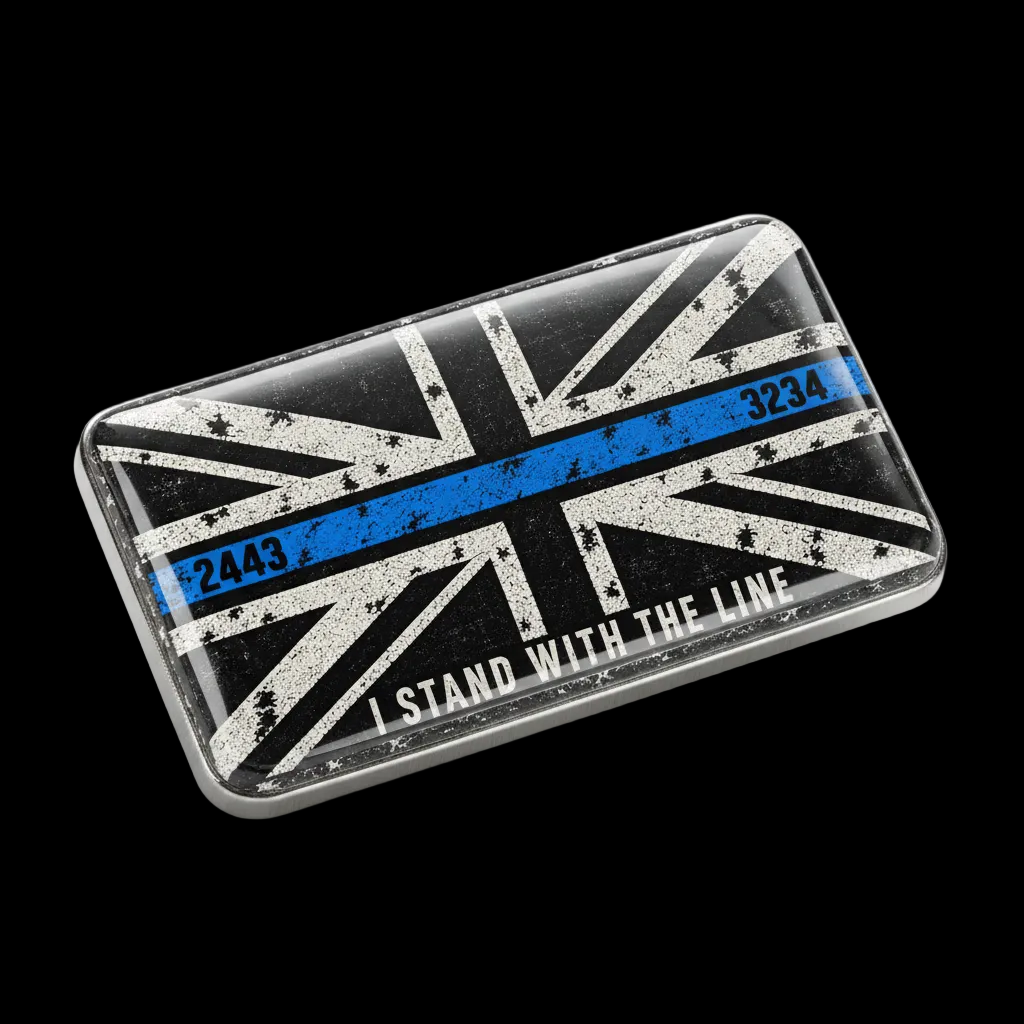 A rectangular distressed patch or print featuring a black Union Jack background with a single horizontal blue stripe and the text 'I STAND WITH THE LINE' at the bottom. The blue stripe includes the numbers 2443 on the left and 3234 on the right.